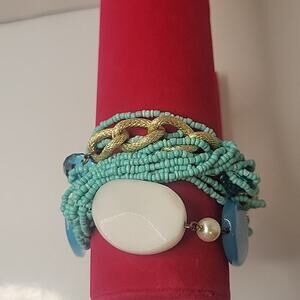 Aqua Beaded and Gold Tone Chain Layered Chunky Southwestern 7" Bracelet
